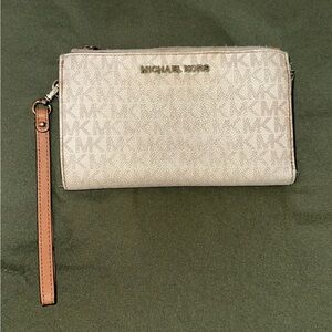 Michael Kors Cream Logo Wristlet with Tan Strap